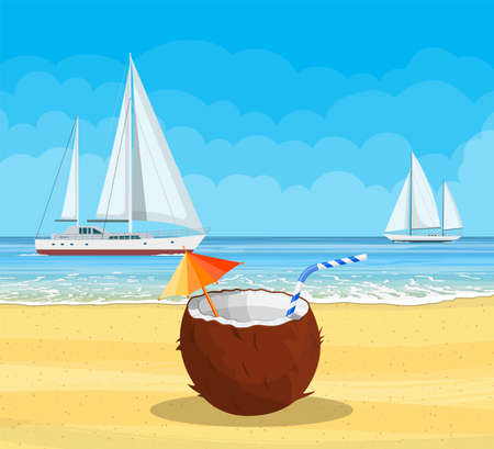 Paradise beach of the sea with yachts and Coconut with cold drink, alcohol cocktail. Tropical island resort. Vector illustration in flat styleのイラスト素材