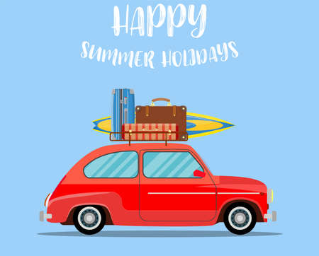 Vehicle transport with surfboard and suitcasesのイラスト素材