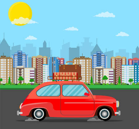 retro travel van car with bag on roof.のイラスト素材