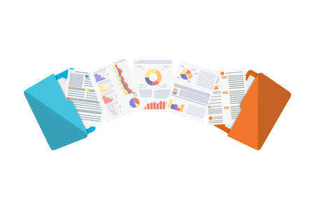 Files transfer. Documents management. Two folders transferred documents. Copy files, data exchange, backup, PC migration, file sharing concepts.のイラスト素材
