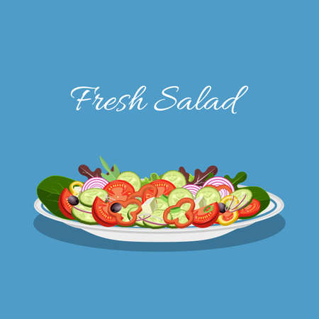 Fresh vegetable and green leaf salad dish. vector illustration in flat designのイラスト素材