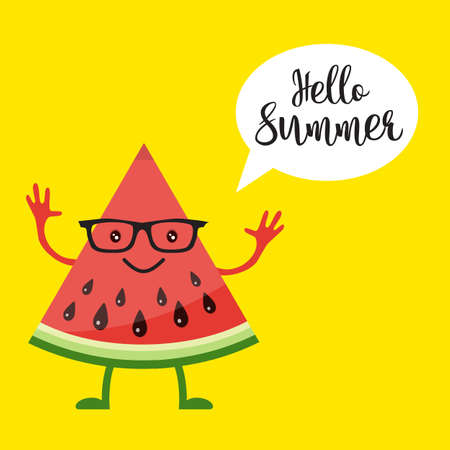 card with funny watermelon in glasses on yellow, holiday background with watermelon and inscription hello summer. Vector illustration in flat styleのイラスト素材