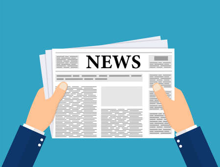 Business man hands holding newspaper. Man reading a Newspaper news. Vector illustration in flat styleのイラスト素材