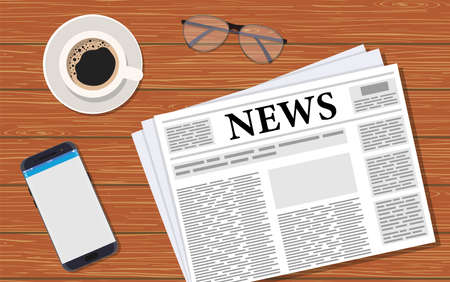 Morning world news with cup coffee, smartphone, glasses and folded newspaper on dark wood background. Vector illustration in flat styleのイラスト素材