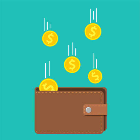 Golden coins money flying in wallet. concept of fund savings, cash earnings, financial success, getting wealth. Vector illustration in flat styleのイラスト素材