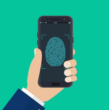Hand with mobile phone with fingerprint button. Vector illustration in flat styleのイラスト素材