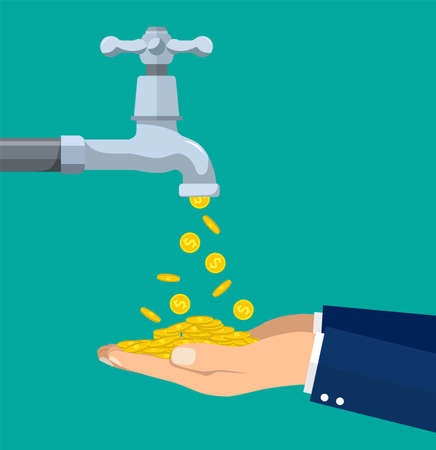 Money coins flows to hand from tap. Vector illustration in flat style