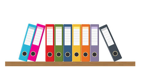 Document Storage Shelves with set of colored ring binders on white background. Office folders. Vector illustration in flat styleのイラスト素材