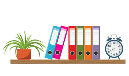 Wooden shelf with Colorful office folders, alarm clock, and flowerpot. Vector illustration in flat styleのイラスト素材