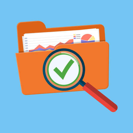 Success audit concept. Open folder icon, documents with charts and green tick check mark. Vector illustration in flat styleのイラスト素材