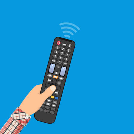 Human hand with black modern remote TV Control. Vector illustration in flat styleのイラスト素材