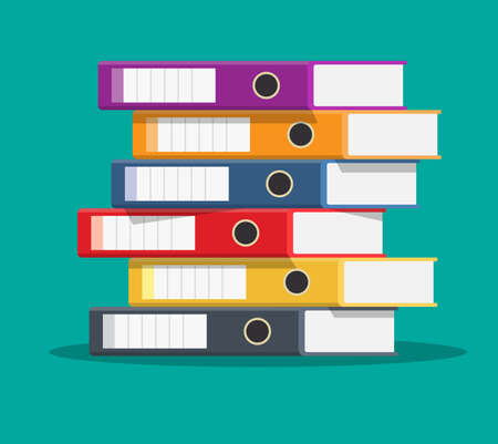 Files, ring binders, colorful office folders. Side view. Bureaucracy, paperwork and office....