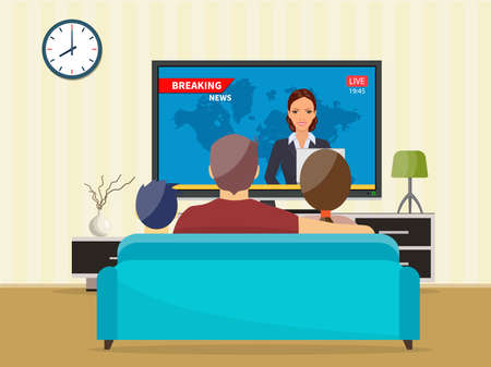 Family with cat watching TV daily news program sitting on the couch at home in the living roomのイラスト素材