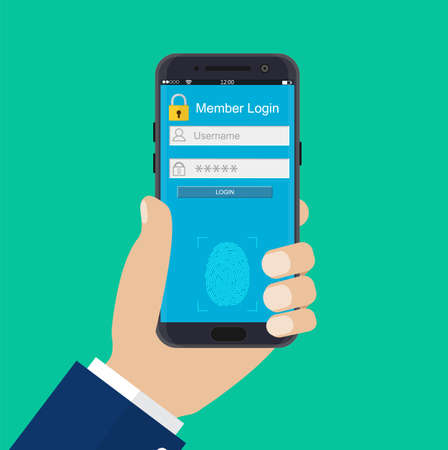 Hands with smartphone unlocked by fingerprint sensor. Mobile phone security, personal access via...