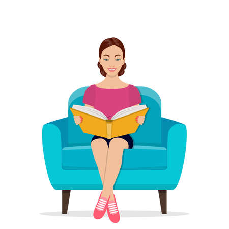 Young woman reading book on chair at home. Vector illustration in flat styleのイラスト素材