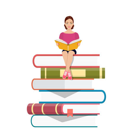 Young Woman Sitting on the Stack of Books and Reading Book . learning process concept Vector illustration in flat styleのイラスト素材