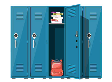 Blue metal cabinets. Lockers in school with silver handles and locks. Safe box with doors, cupboard,...