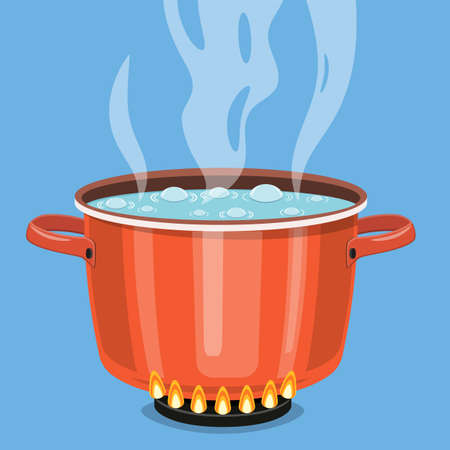 Boiling water in pan. red cooking pot on stove with water and steam. Vector illustration in flat styleのイラスト素材