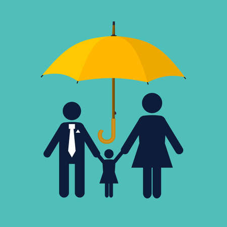 Family protection. Insurance concept. Paper chain people. Umbrella protects the family. Health care, safety. helping. Vector illustration in flat styleのイラスト素材