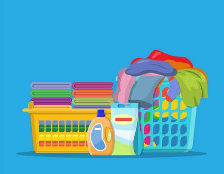 Laundry linen or clothes in baskets and detergent. cleaning or washing service concept. Vector illustration in flat styleのイラスト素材
