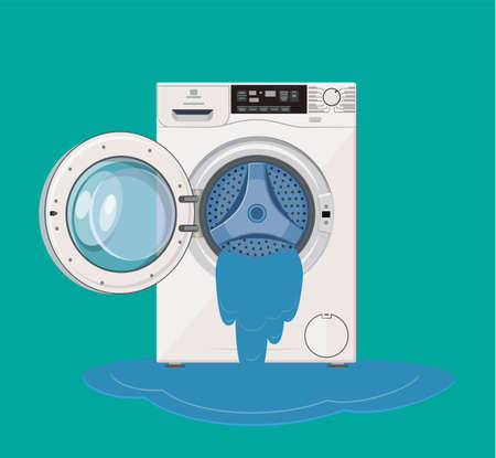 Broken washing machine from which water flows. Calling the master. Vector illustration in flat styleのイラスト素材