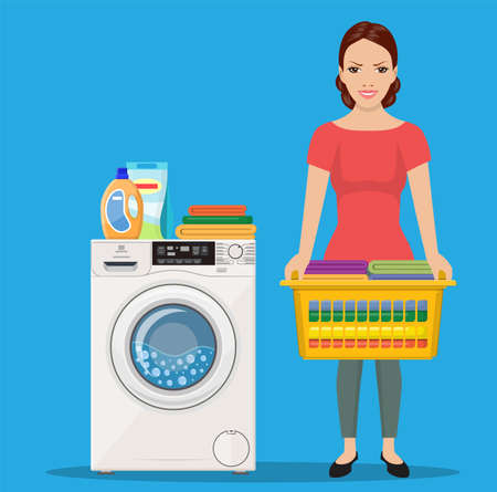 Cheerful girl standing and holding laundry basket near washing machineのイラスト素材