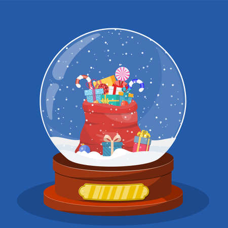 Christmas snow globe with red bag, sack with gift boxes inside. Merry christmas holiday. New year and xmas celebration. Vector illustration in flat styleのイラスト素材