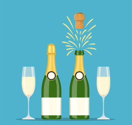 Champagne bottles and glasses icon set. Closed and opening bottle, and two flutes filled with sparkling wine. Vector illustration flat styleのイラスト素材