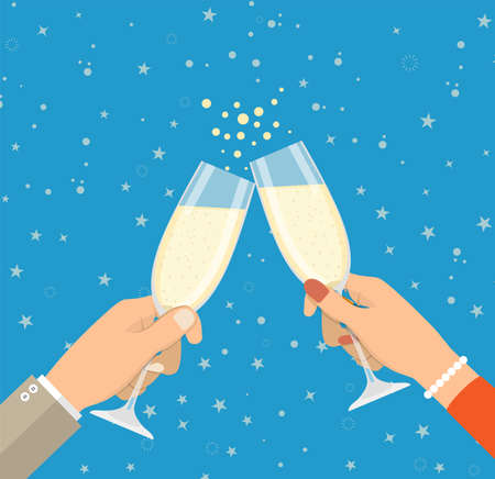 People holding champagne glasses celebrating and having fun. Merry christmas holiday. New year and xmas celebration Vector illustration in a flat styleのイラスト素材