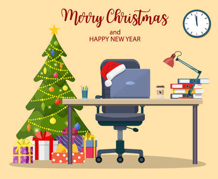 Christmas and New Year in modern office workplace interior. Merry christmas holiday. New year and xmas celebration Vector illustration in a flat styleのイラスト素材