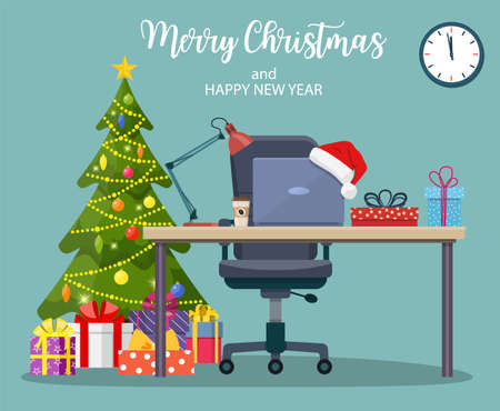 Christmas and New Year in modern office workplace interior. Merry christmas holiday. New year and xmas celebration Vector illustration in a flat styleのイラスト素材