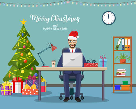 Christmas and New Year in modern office workplace interior. businessman, working at computer in office. Merry christmas holiday. New year and xmas celebration Vector illustration in a flat styleのイラスト素材