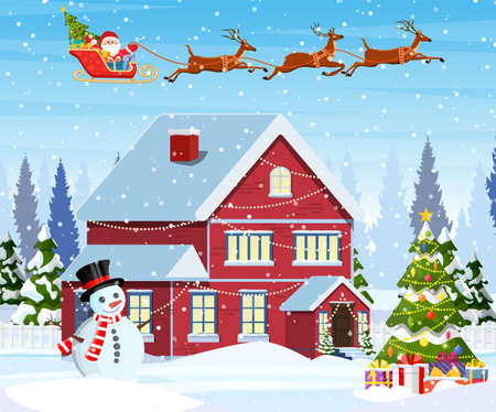 A house in a snowy Christmas landscape. Santa Claus flying on a sleigh. concept for greeting or postal card. Merry christmas holiday. New year and xmas celebrationのイラスト素材
