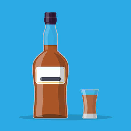 Bottle of rum and glass. Rum alcohol drink. vector illustration in flat styleのイラスト素材