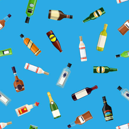 Seamless pattern Background with alcohol bottles. Vodka champagne wine whiskey beer brandy tequila cognac liquor vermouth gin rum absinthe bourbon. Vector illustration in flat styleのイラスト素材