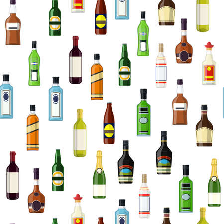 Seamless pattern Background with alcohol bottles. Vodka champagne wine whiskey beer brandy tequila cognac liquor vermouth gin rum absinthe bourbon. Vector illustration in flat styleのイラスト素材