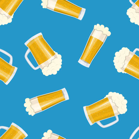 Seamless pattern mug of beer. Bar card. Alcohol party background. Pint beer. Beer poster. Vector illustration in flat styleのイラスト素材