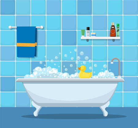 Bathtub with foam bubbles inside and bath yellow rubber duck.のイラスト素材