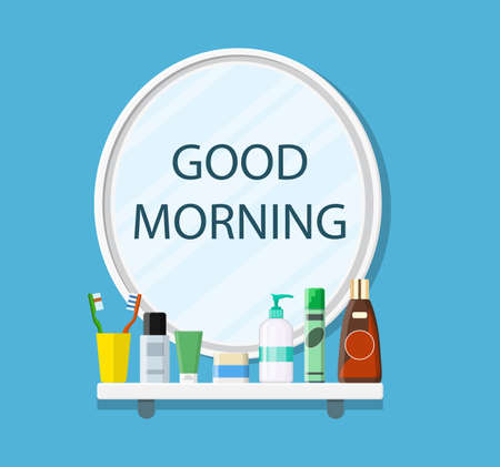 bathroom, mirror, sink, toothpaste, toothbrush rinse Vector illustration in flat styleのイラスト素材