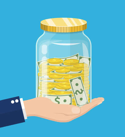 hand saver with glass jar and coins money. Money Jar. Saving dollar coin in jar.Save your money concept. Vector illustration in flat styleのイラスト素材
