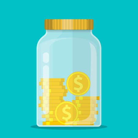 Money Jar. Saving dollar coin in jar.Save your money concept. Vector illustration in flat styleのイラスト素材