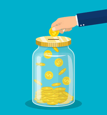 Hand throws a gold coin in the jar. Cash home. Save your money concept. Vector illustration in flat styleのイラスト素材