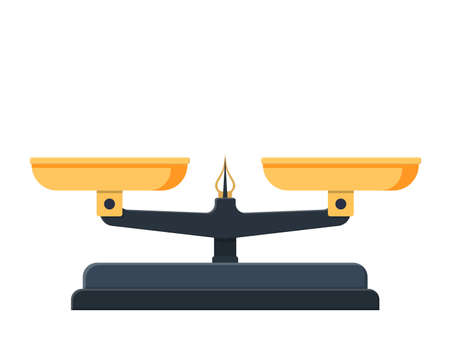 Two pan balance icon. Weighing scale with golden pans and pointer and gray base. Vector illustration in flat styleのイラスト素材