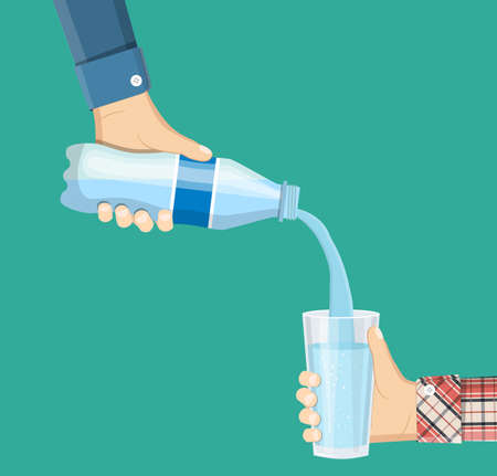 Human is picking up a glass of water from a plastic bottle. A cool mineral natural drink. Glass and bottle holding in hand. Vector illustration in flat styleのイラスト素材