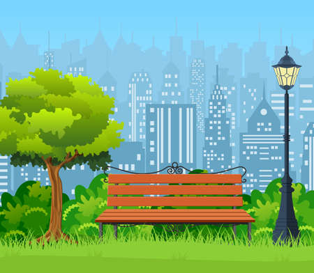 Bench with tree and lantern in the Park. Vector illustration in flat styleのイラスト素材