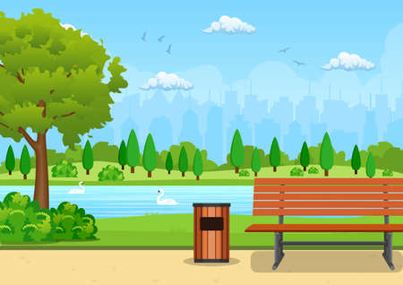 Bench with tree and lantern in the Park. Vector illustration in flat styleのイラスト素材