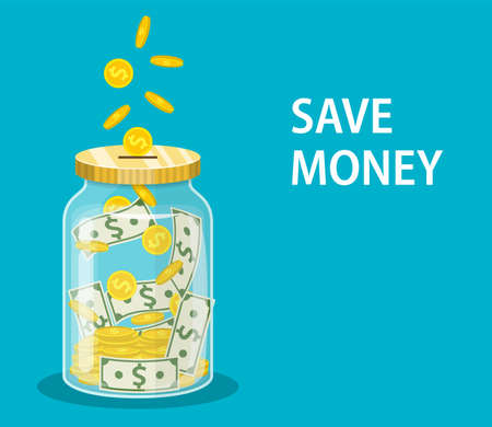 Money Jar. Saving dollar coin in jar.Save your money concept. Vector illustration in flat styleのイラスト素材