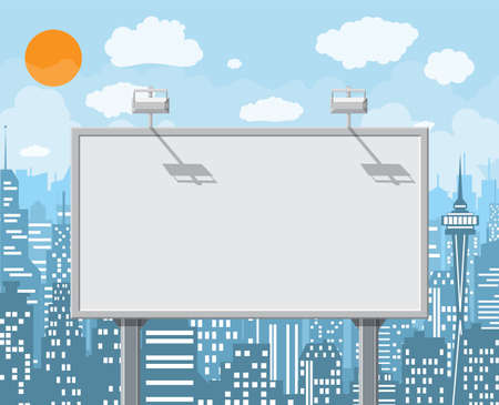 Empty urban big board or billboard with lamp. Blank mockup. Marketing and advertisement. Cityscape background with buildings, sky and clouds. Vector illustration in flat styleのイラスト素材