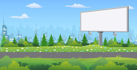 Billboard on the road. Road outside the city. Landscape. Nature and the city. Vector illustration in flat styleのイラスト素材