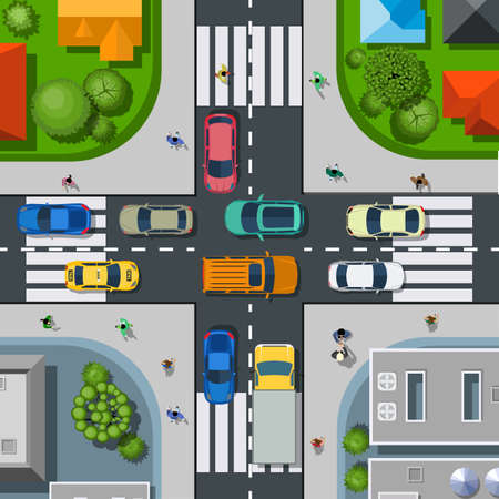 Top view of the city. Urban crossroads with cars and houses, pedestrians. Background town map pattern streets, intersection, roof and buildings. Vector illustration in flat styleのイラスト素材